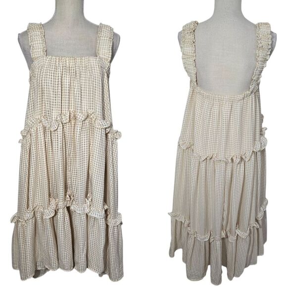 Mable Gingham Tan Beige White Sz SM Tiered Dress High Low - Picture 1 of 9